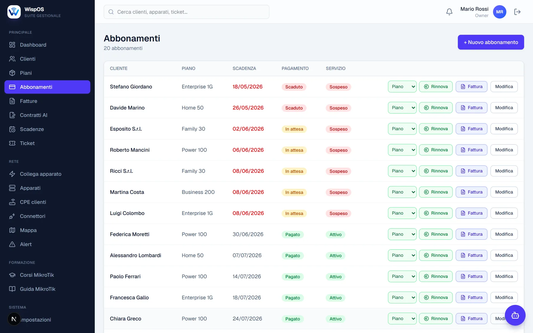 Abbonamenti collegati al cliente in WispOS