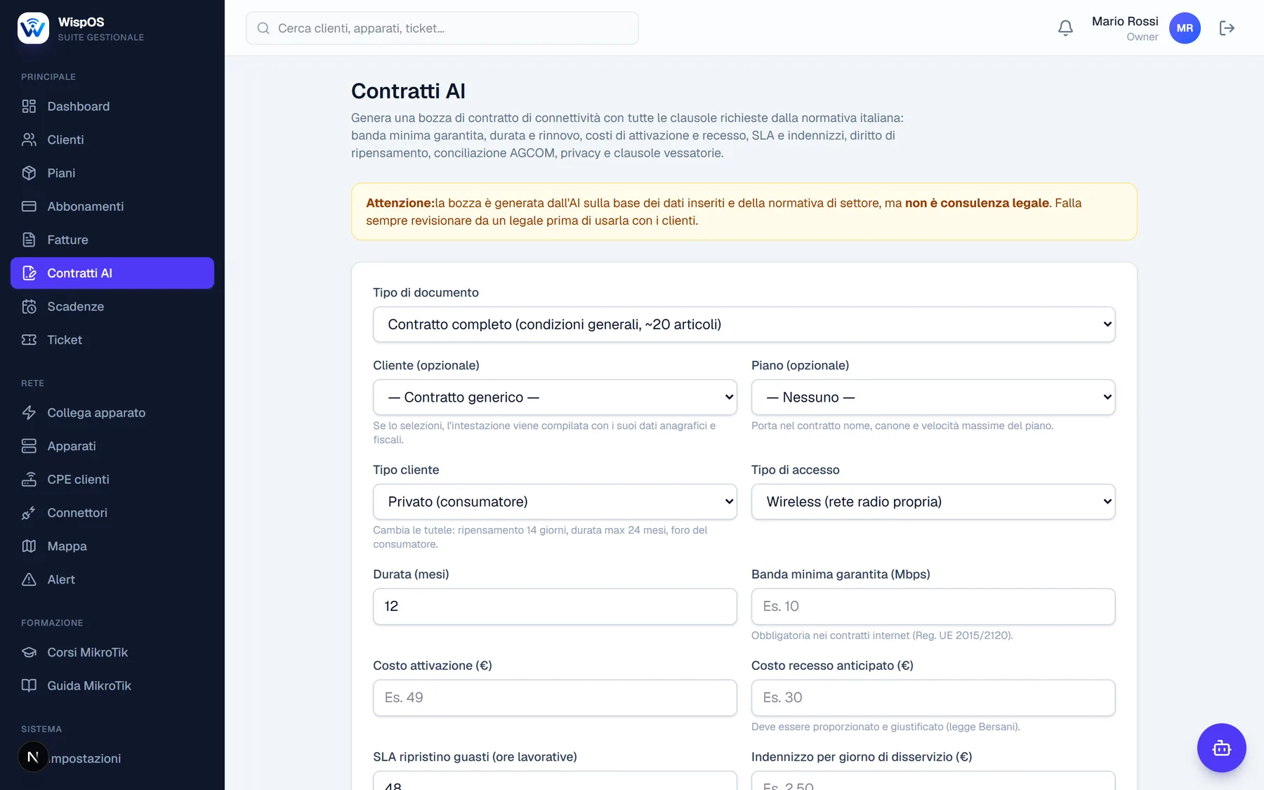 Generatore di contratti AI in WispOS con i parametri di banda, durata, recesso e SLA