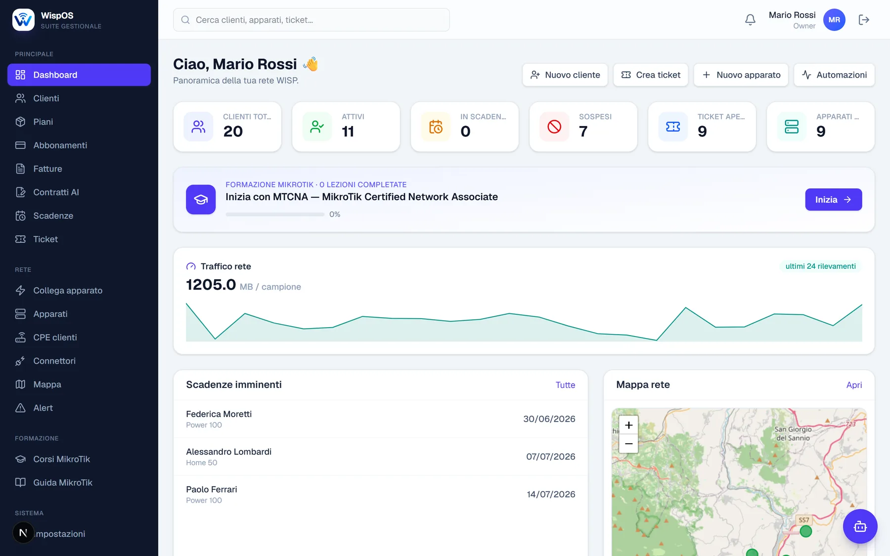 Dashboard WispOS: clienti, scadenze, traffico di rete e mappa apparati in un'unica schermata